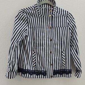 Chico's Jacket Women's 2 Navy Nautical Stripe Cotton Zip Snap Pockets Roll Tab